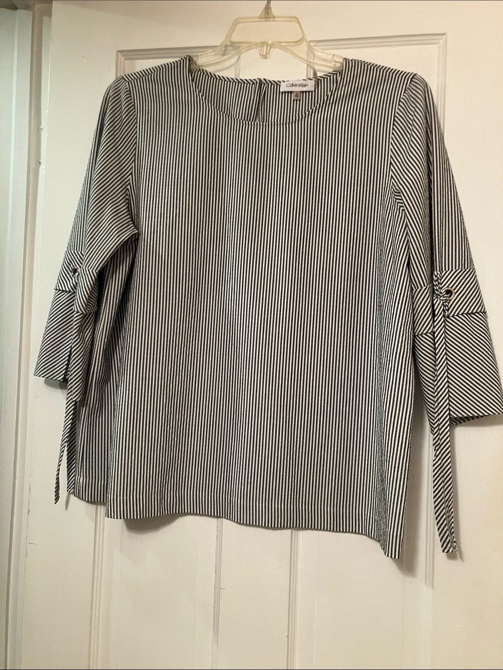 Calvin Klein Gray and White Pinstripe Tie-Sleeve Blouse